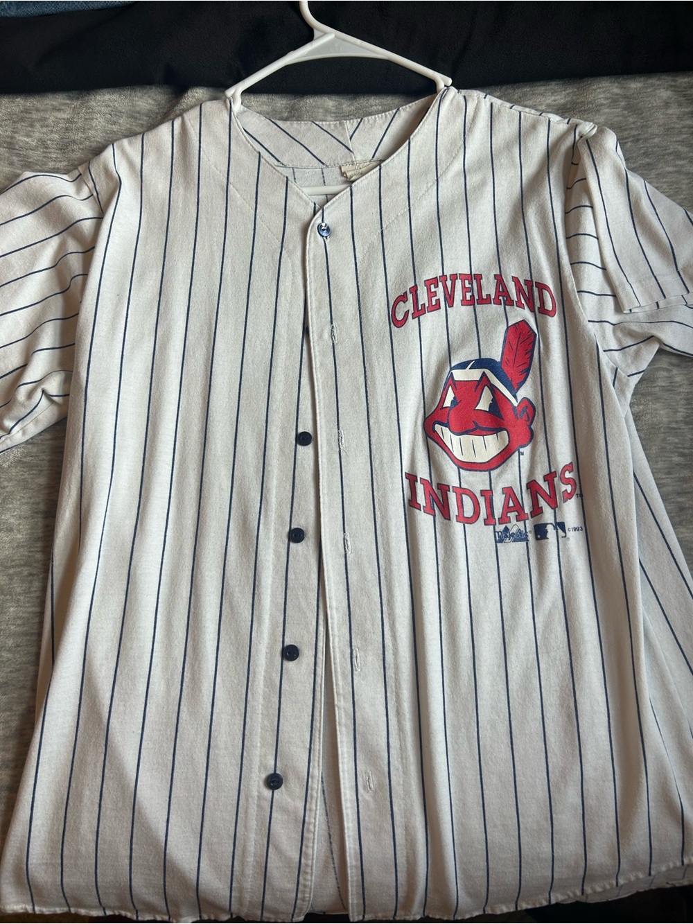Cleveland Indians Pinstripe Button-Up Jersey - White & Navy with Red Logo